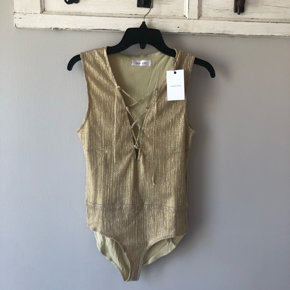 Anine Bing Gold Metallic Laceup Bodysuit Sz S NWT - Picture 3 of 4